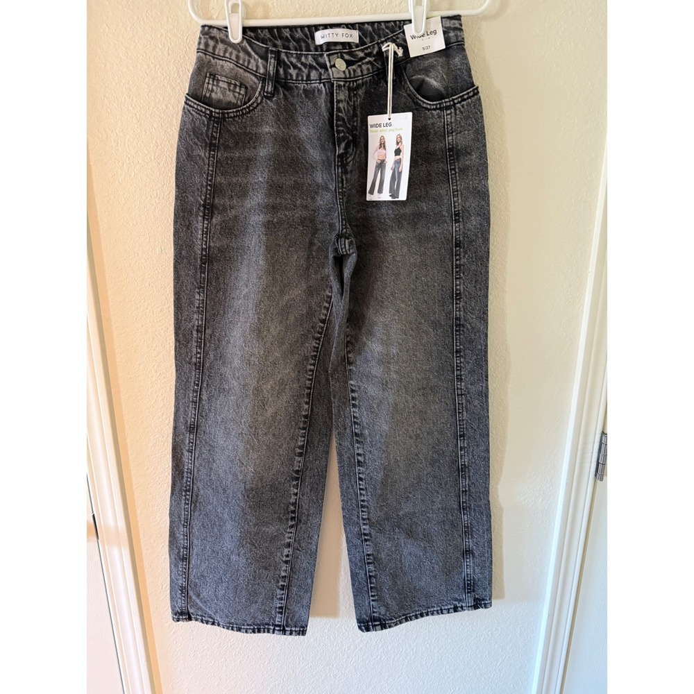 Witty Fox Women's Wide Leg Acid Wash Denim Jeans Size 5/27 Black Gray New